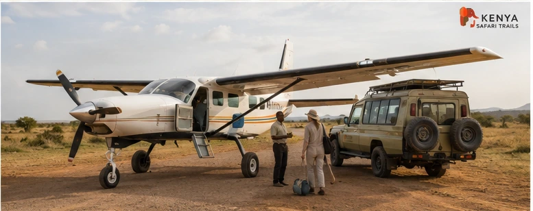 Light aircraft charter landing at a private safari airstrip in Kenya for fly-in transfers